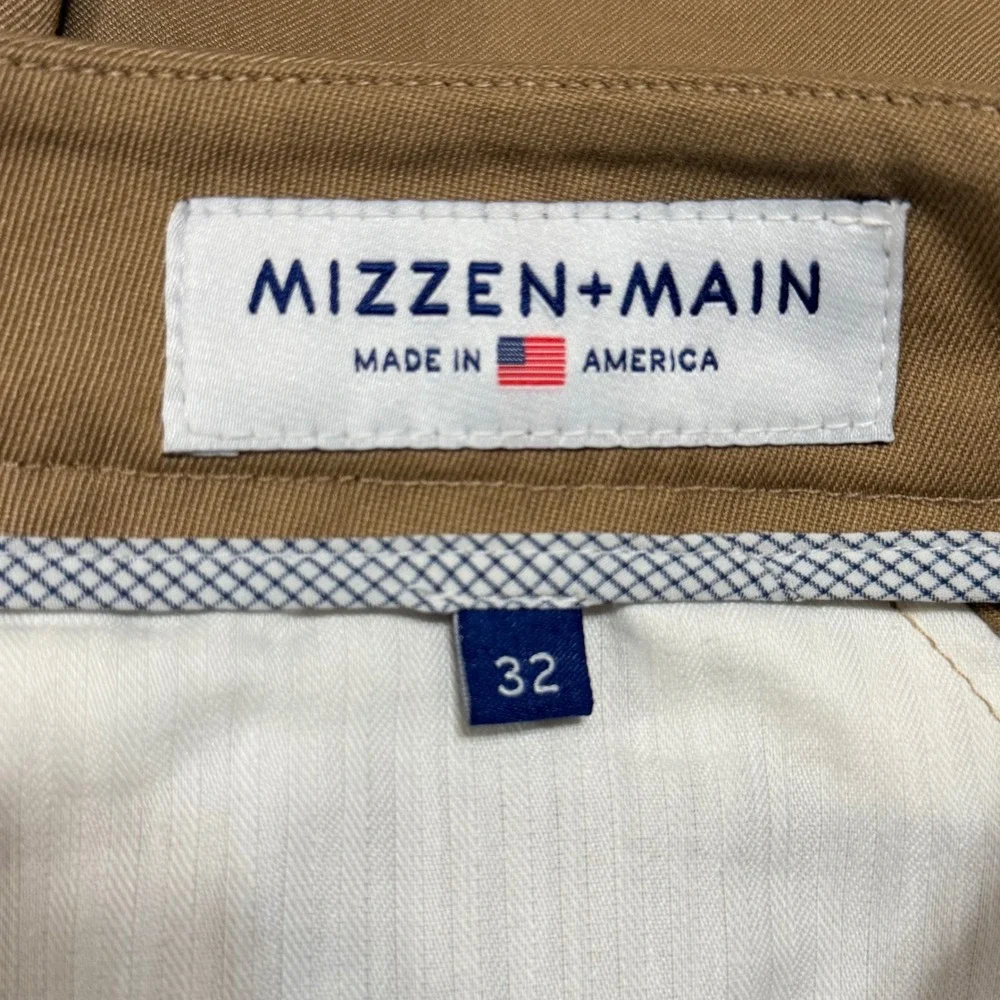 Mizzen + Main Mens Performance Chino Pants Khaki Tan Size 32 Made in USA Stretch